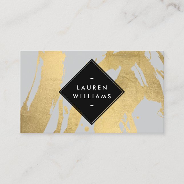 Edgy Faux Gold Brushstrokes on Grey Business Card (Front)