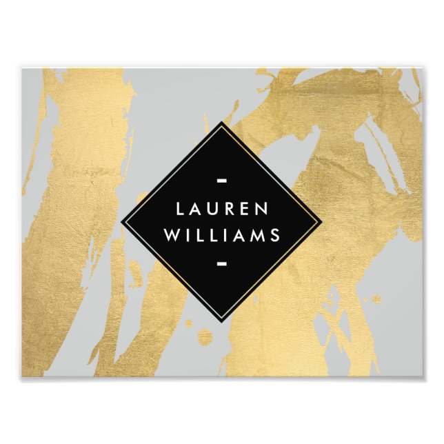 Edgy Faux Gold Brushstrokes on Grey Photo Print (Front)