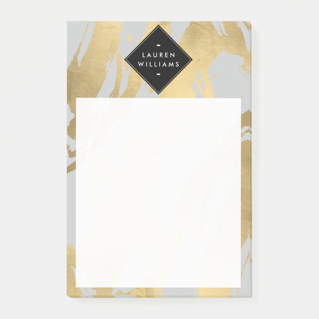 Edgy Faux Gold Brushstrokes on Grey Post-it Notes (Front)