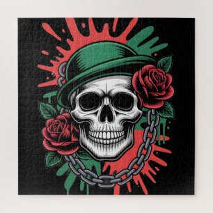 Edgy Graphic Art: Skull in Bowler Hat with Roses Jigsaw Puzzle