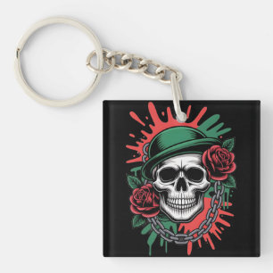 Edgy Graphic Art: Skull in Bowler Hat with Roses Keychain