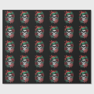 Edgy Graphic Art: Skull in Bowler Hat with Roses Wrapping Paper