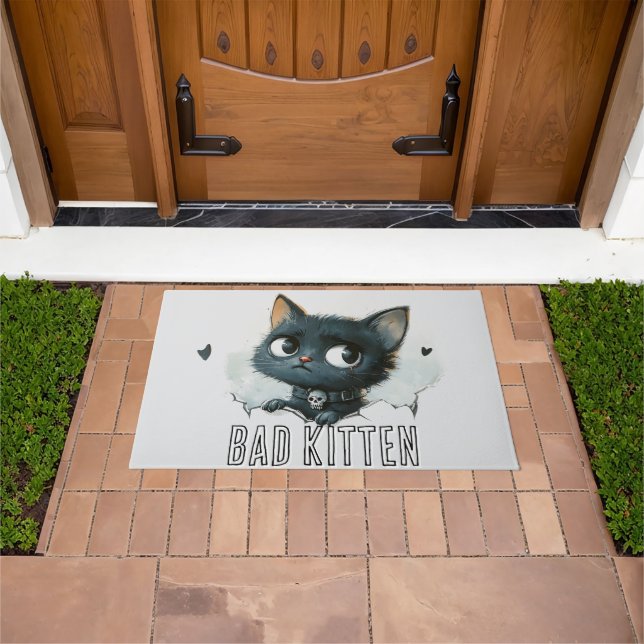 Edgy Kitten Illustration - "Bad Kitten" Text Doormat (Outdoor)