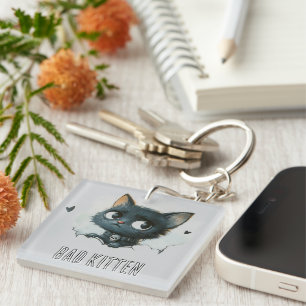 Edgy Kitten Illustration - "Bad Kitten" Text Keychain
