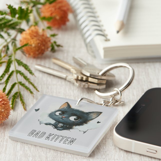 Edgy Kitten Illustration - "Bad Kitten" Text Keychain (Front Right)