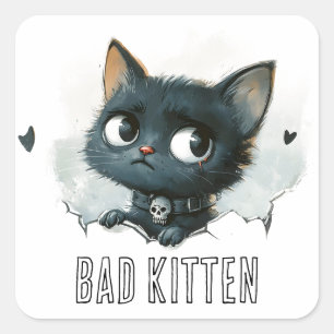 Edgy Kitten Illustration - "Bad Kitten" Text Square Sticker