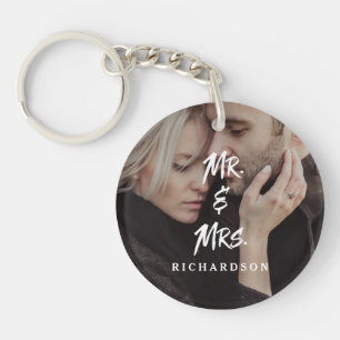 Edgy Modern Typography   Mr and Mrs with Photo Keychain