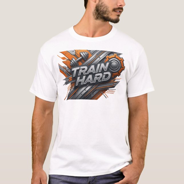 Edgy Orange TRAIN HARD Quote Shirt (Front)