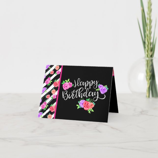 Edgy Roses & Modern Stripes Happy Birthday Card (Front)