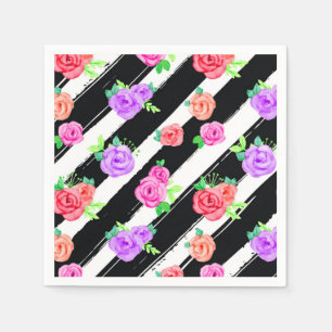 Edgy Roses & Modern Stripes Trendy Birthday Party Napkin