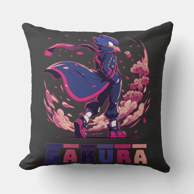 Edgy Sakura Warrior Bird Anime Illustration Throw Pillow (Front)