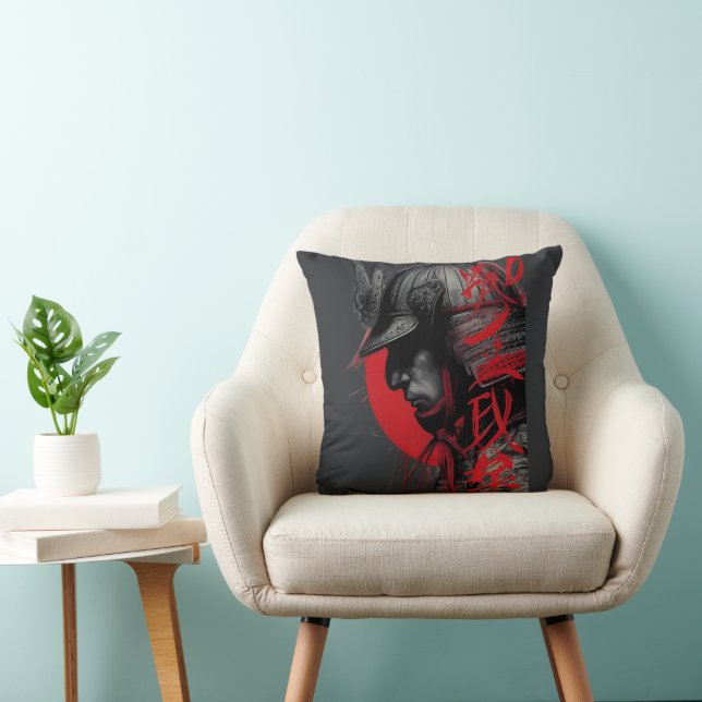 Edgy Samurai Warrior Japanese Ink Red Sun Throw Pillow (Chair)