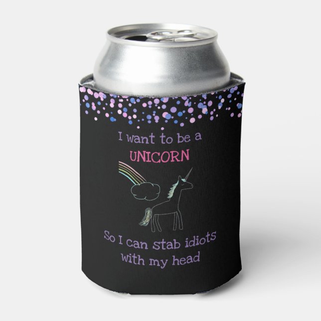 Edgy Unicorn with Rainbow and Confetti Funny Can Cooler (Can Front)