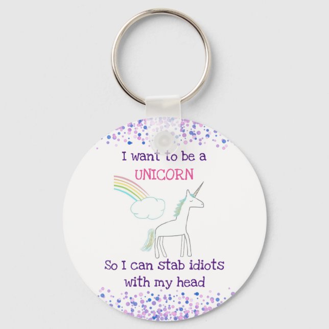 Edgy Unicorn with Rainbow and Confetti Funny Keychain (Front)