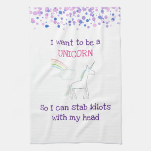 Edgy Unicorn with Rainbow and Confetti Funny Kitchen Towel