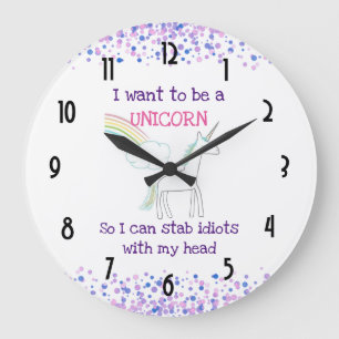 Edgy Unicorn with Rainbow and Confetti Funny Large Clock