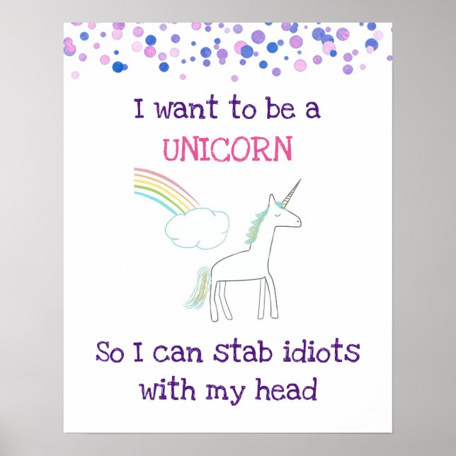 Edgy Unicorn with Rainbow and Confetti Funny Poster (Front)