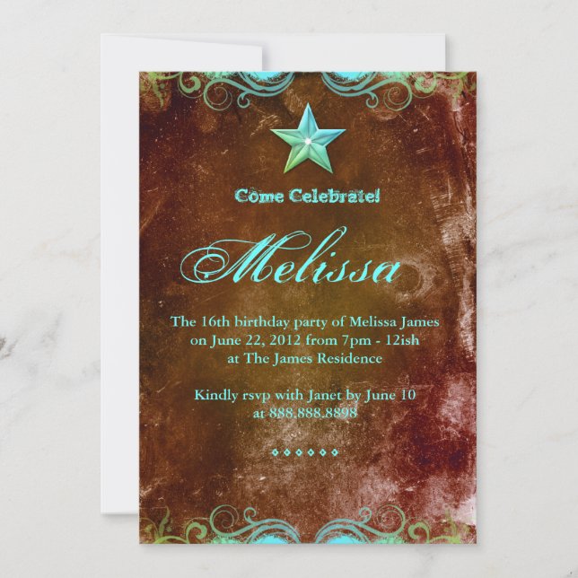 Edgy Western Sweet 16 Blue Brown Star Invitation (Front)