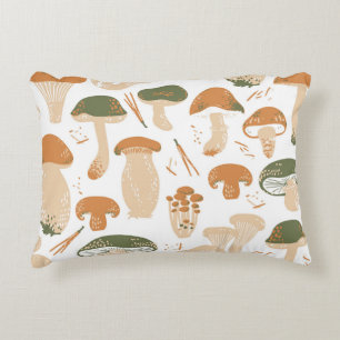 Edible Mushrooms Linocut Vintage Pattern Accent Pillow