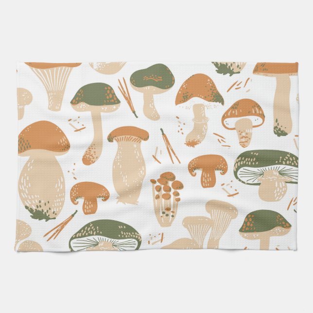 Edible Mushrooms Linocut Vintage Pattern Kitchen Towel (Horizontal)