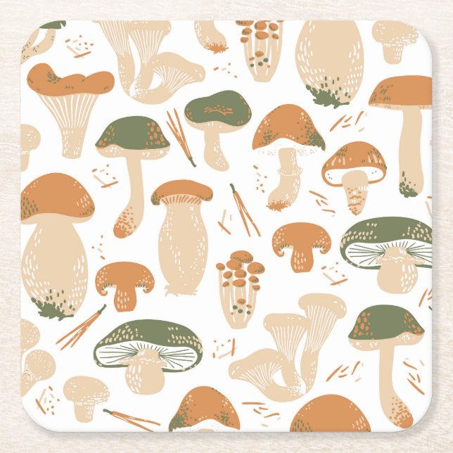 Edible Mushrooms Linocut Vintage Pattern Square Paper Coaster (Front)
