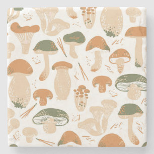 Edible Mushrooms Linocut Vintage Pattern Stone Coaster