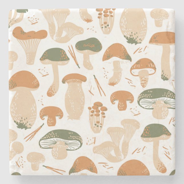 Edible Mushrooms Linocut Vintage Pattern Stone Coaster (Front)