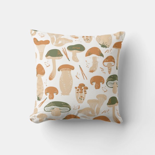 Edible Mushrooms Linocut Vintage Pattern Throw Pillow (Front)