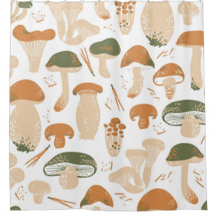 Edible Mushrooms seamless pattern. Linocut old sty