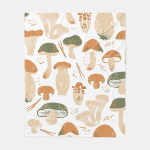 Edible Mushrooms seamless pattern. Linocut old sty Fleece Blanket