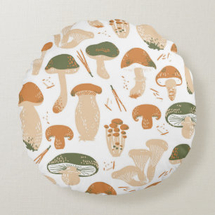 Edible Mushrooms seamless pattern. Linocut old sty Round Pillow