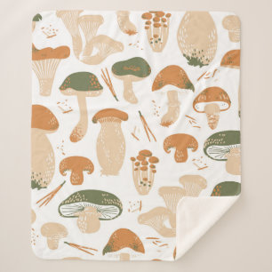Edible Mushrooms seamless pattern. Linocut old sty Sherpa Blanket