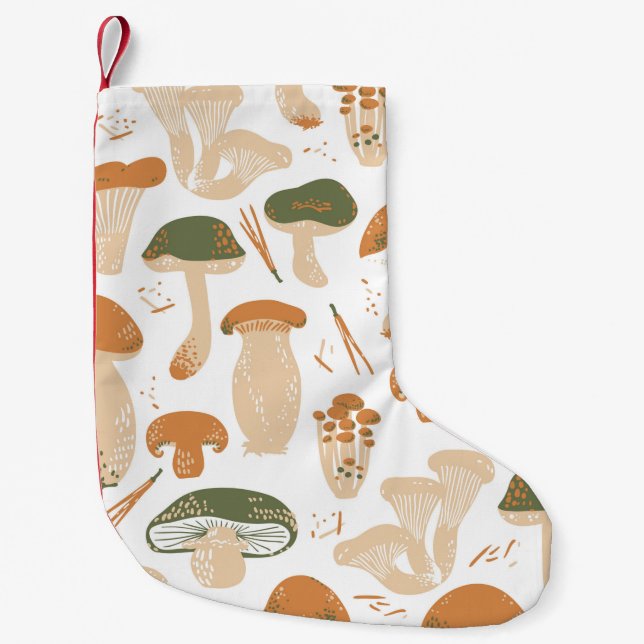 Edible Mushrooms seamless pattern. Linocut old sty Small Christmas Stocking (Front)