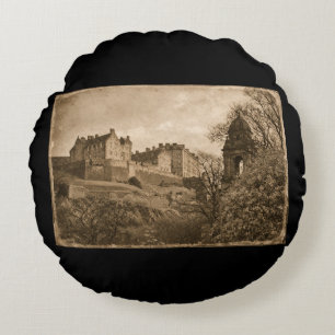 Edinburgh Castle Sepia Photograph Round Pillow