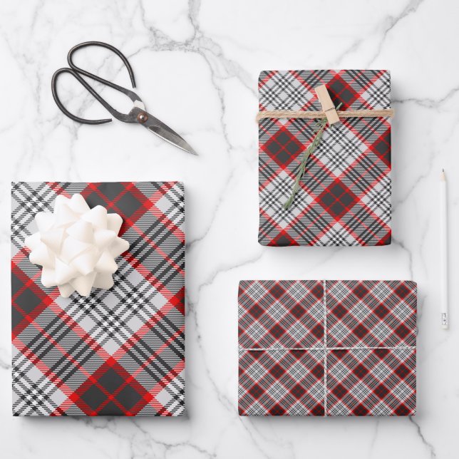 Edinburgh City Tartan Plaid Grey Black Red Wrapping Paper Sheet (Front)