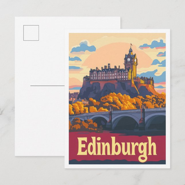 Edinburgh Scotland Art Vintage Travel Illustration Postcard (Front/Back)