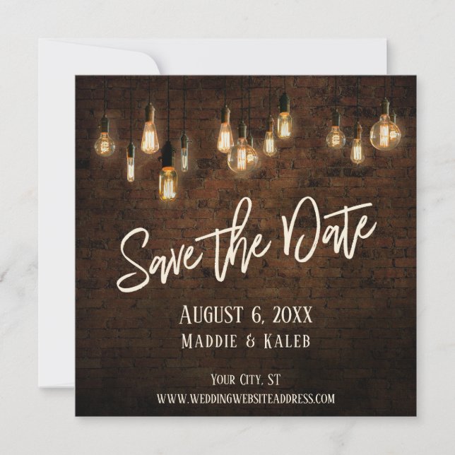 Edison Lights & Industrial Brown Brick Wall Save The Date (Front)