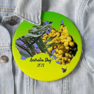 Edit Text Australia Day Gum Leaf Wattle Badge 6 Inch Round Button