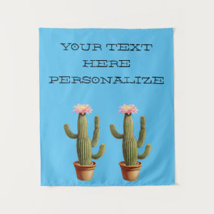 Edit Text Banner Cactus Flower Blue Background Tapestry