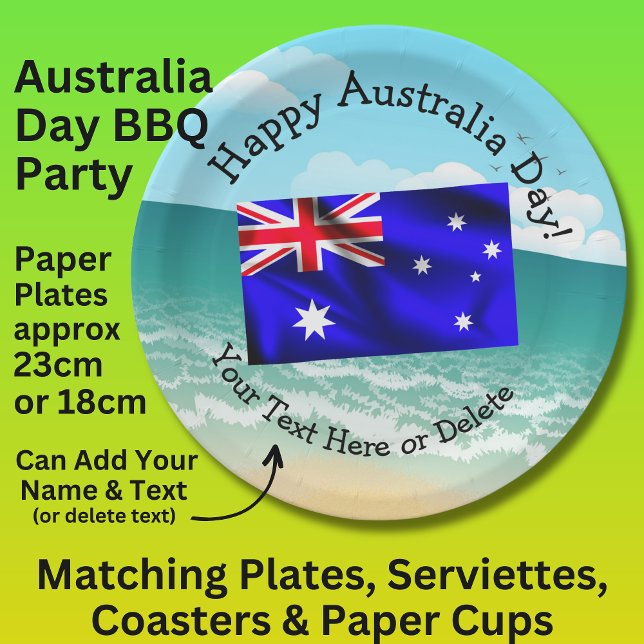 Edit Text Happy Australia Day Flag Ocean Beach 9" Paper Plate (Creator Uploaded)