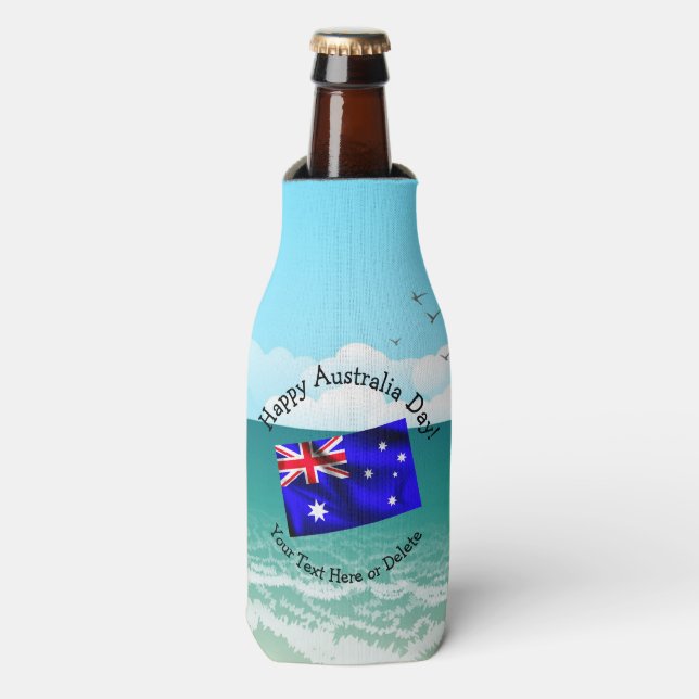 Edit Text Matching Australia Day Flag Beach Stubby Bottle Cooler (Bottle Front)