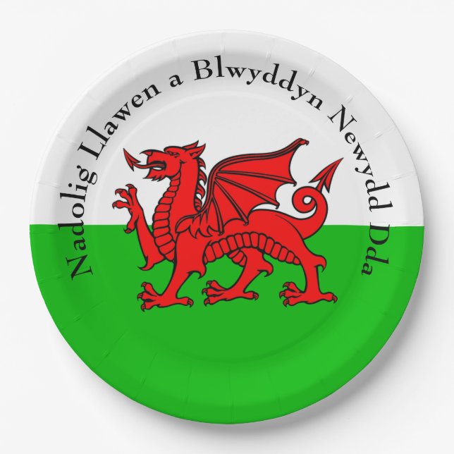 Edit Text Welsh Flag Red Dragon Christmas  9" Paper Plate (Front)