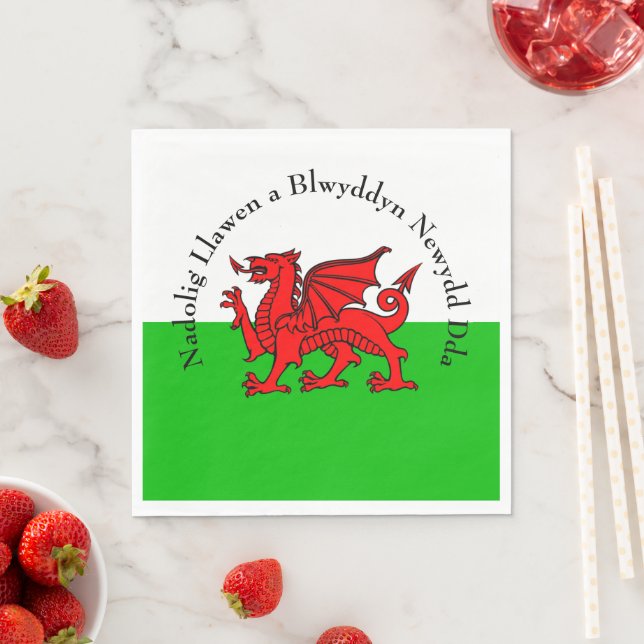 Edit Text Welsh Flag Red Dragon Christmas Luncheon Napkin (Insitu)