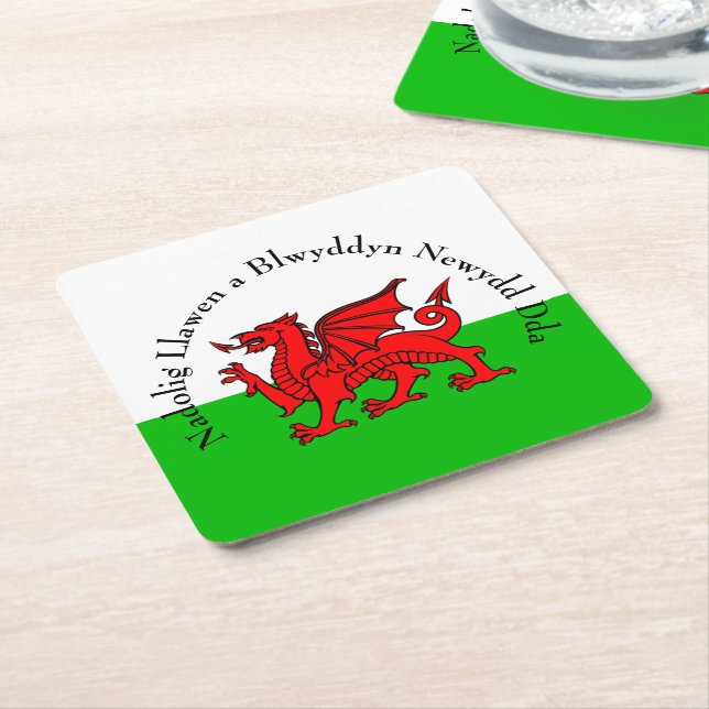 Edit Text Welsh Flag Red Dragon Christmas Square Paper Coaster (Angled)