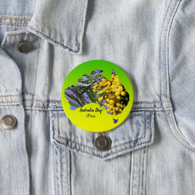 Edit Text Year Australia Day Gum Leaf Wattle Badge 3 Inch Round Button (In Situ)