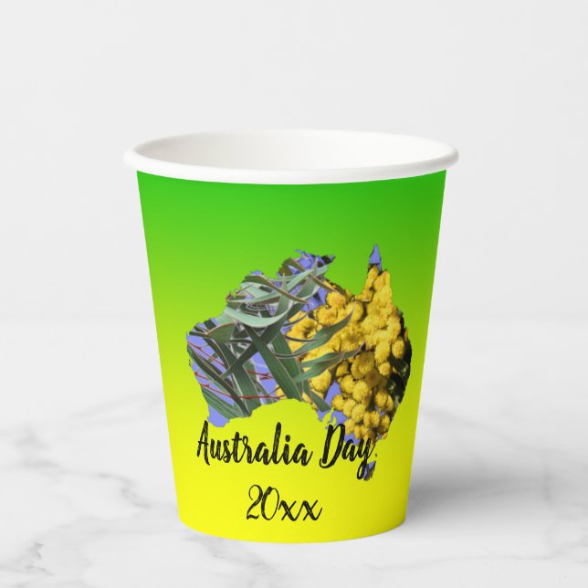 Edit Text Year, Australia Day Gum Leaf Wattle  Paper Cups (Front)