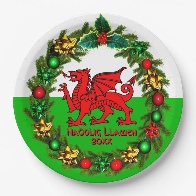 Edit Text Year Welsh Flag Red Dragon Christmas  9" Paper Plate (Front)