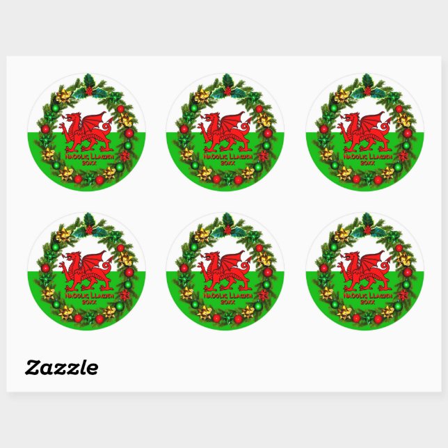 Edit Text Year Welsh Flag Red Dragon Christmas Classic Round Sticker (Sheet)