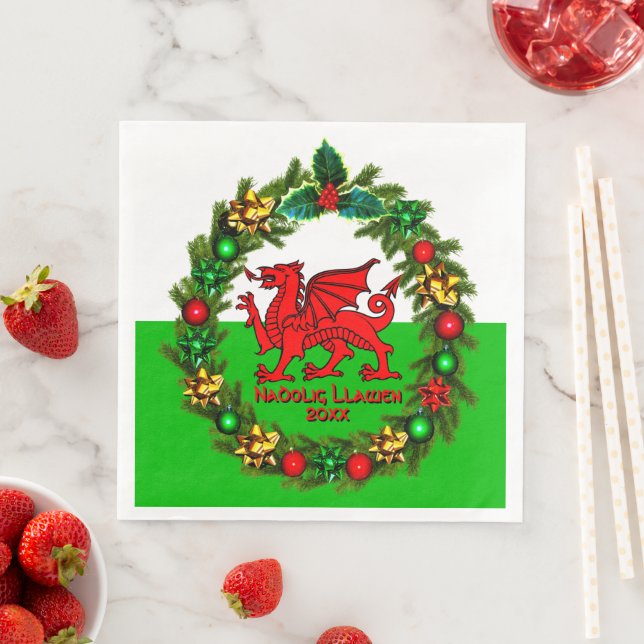 Edit Text Year Welsh Flag Red Dragon Christmas Napkin (Insitu)