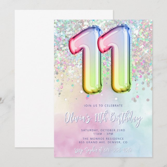 Editable 11th Birthday Invitation Template Rainbow (Front/Back)